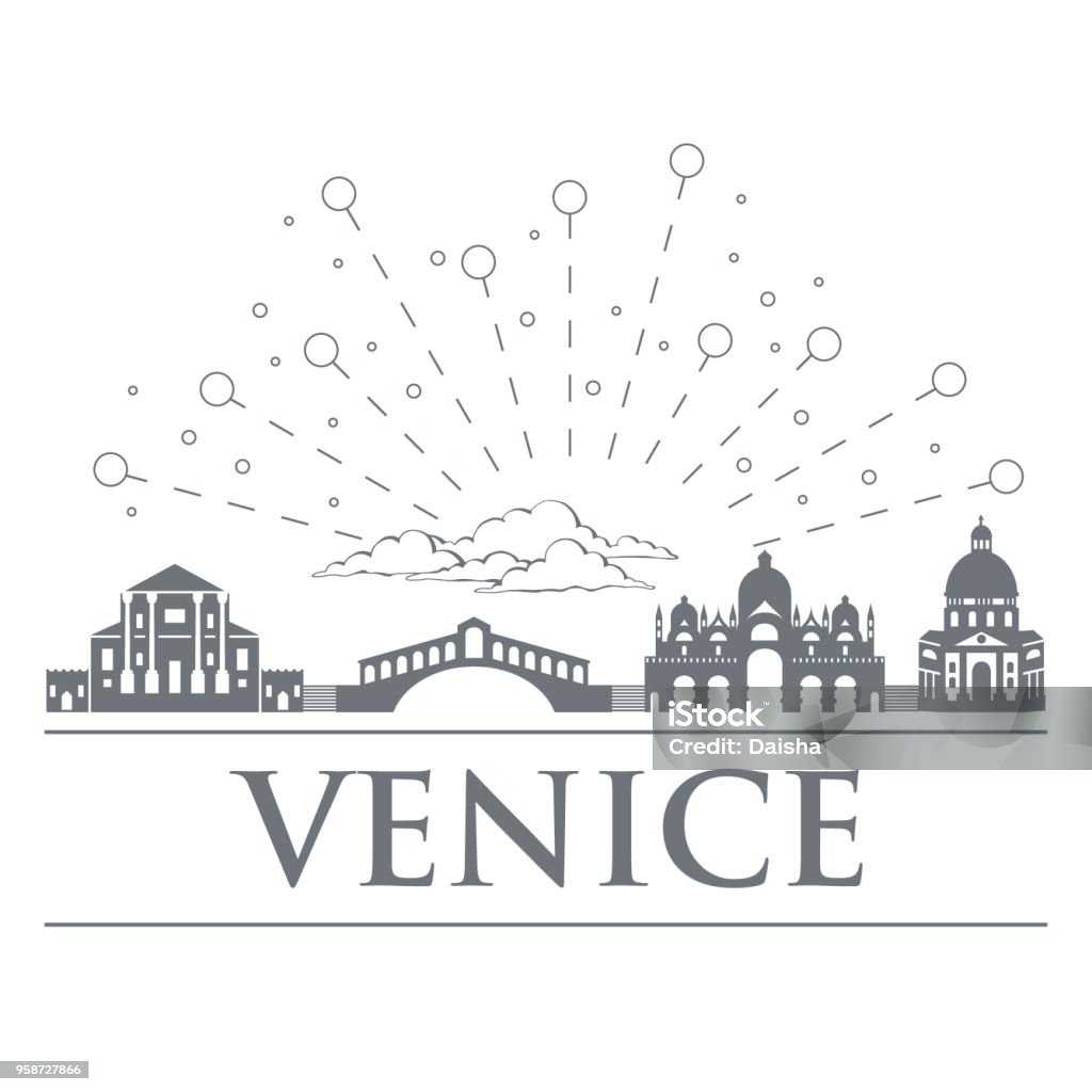 Panorama of the badges, icons, symbols of Italy. Objects are noble gray color. City of Venice. Panorama of the badges, icons, symbols of Italy. Objects are noble gray color. City of Venice. Design graphics for your design, infographic or site Rialto Bridge stock vector