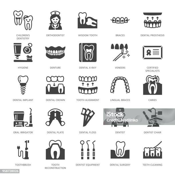 Dentiste Orthodontie Plat Icônes De Glyphe Vecteurs libres de droits et plus d'images vectorielles de Icône - Icône, Hygiène dentaire, Équipement dentaire