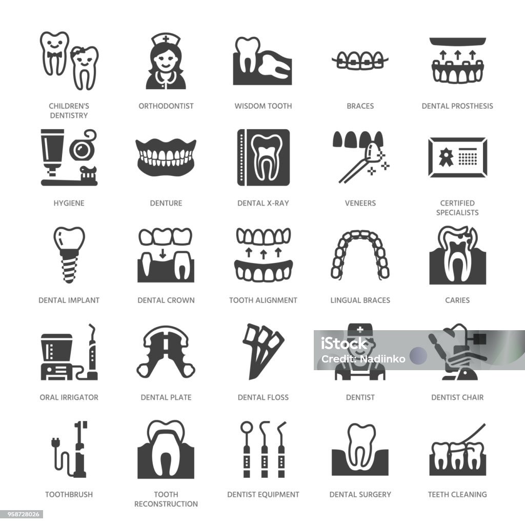 Dentist, orthodontics flat glyph icons. Dentist, orthodontics flat glyph icons. Dental equipment, braces, tooth prosthesis, veneers, floss, caries treatment medical elements. Dentistry clinic Solid silhouette pixel perfect 64x64. Icon Symbol stock vector