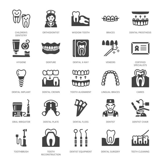 Dentist, orthodontics flat glyph icons. Dentist, orthodontics flat glyph icons. Dental equipment, braces, tooth prosthesis, veneers, floss, caries treatment medical elements. Dentistry clinic Solid silhouette pixel perfect 64x64. orthodontist stock illustrations