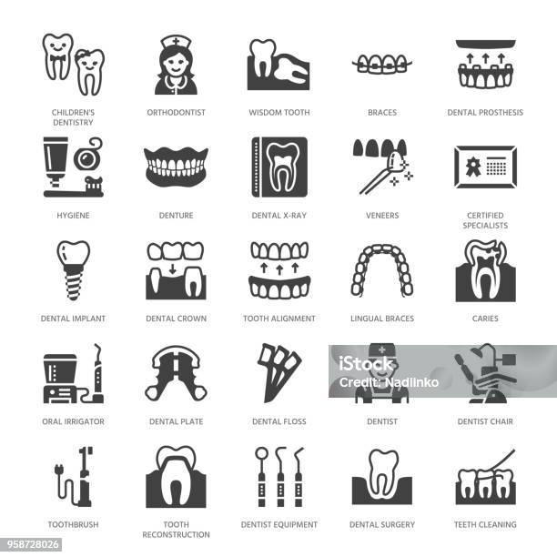 Dentist Orthodontics Flat Glyph Icons Stock Illustration - Download Image Now - Icon Symbol, Dental Health, Dental Equipment