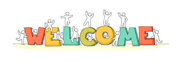 cute miniature scene with message Welcome Crowd of working little people with big letters. Doodle cute miniature scene with message Welcome. Hand drawn cartoon vector illustration for internet design. welcome team stock illustrations