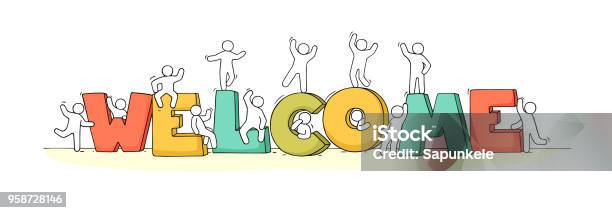 Cute Miniature Scene With Message Welcome Stock Illustration - Download Image Now - Welcome Sign, Greeting, Teamwork