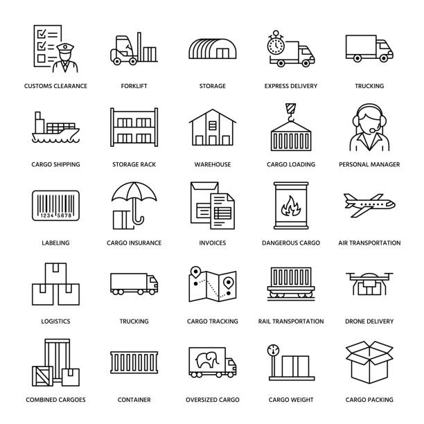 ilustrações de stock, clip art, desenhos animados e ícones de cargo transportation flat line icons. trucking, express delivery, logistics, shipping, customs clearance, cargoes package, tracking and labeling symbols. transport thin signs for freight services - gondola