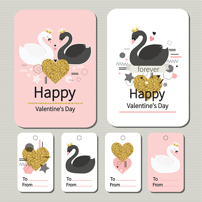 Love. Valentine's day. Set of  gift tags and greeting cards. Cute labels with  black and white swans. Cute vector birds.