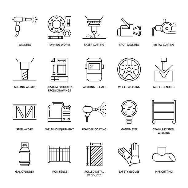 ilustrações de stock, clip art, desenhos animados e ícones de welding services flat line icons. rolled metal products, steelwork, stainless steel laser cutting, fabrication, turning works, safety equipment, powder coating. industry thin sign for welder services - grinding