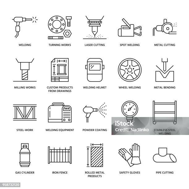 Welding Services Flat Line Icons Rolled Metal Products Steelwork Stainless Steel Laser Cutting Fabrication Turning Works Safety Equipment Powder Coating Industry Thin Sign For Welder Services Stock Illustration - Download Image Now