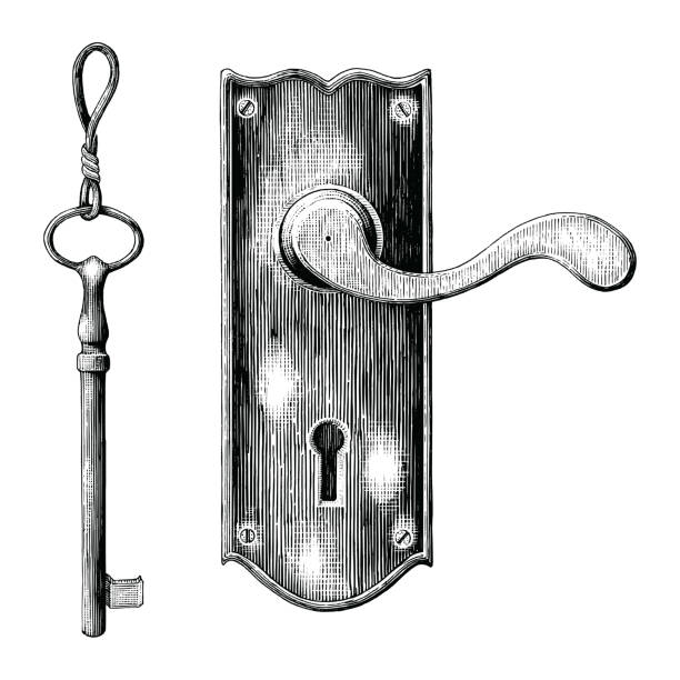 vintage zatrzask i klucz ręcznie rysunek grawerowanie styl - keyhole key lock padlock stock illustrations