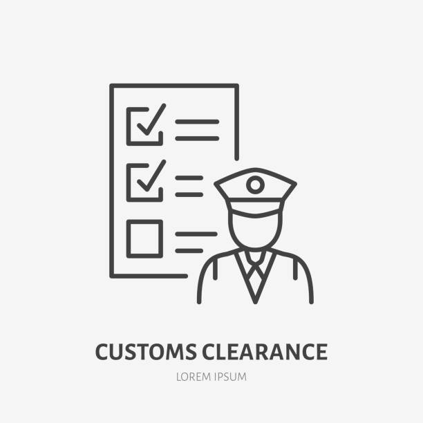 ilustrações de stock, clip art, desenhos animados e ícones de customs clearance flat line icon. policeman inspecting luggage sign. thin linear logo for cargo trucking, freight services - customs