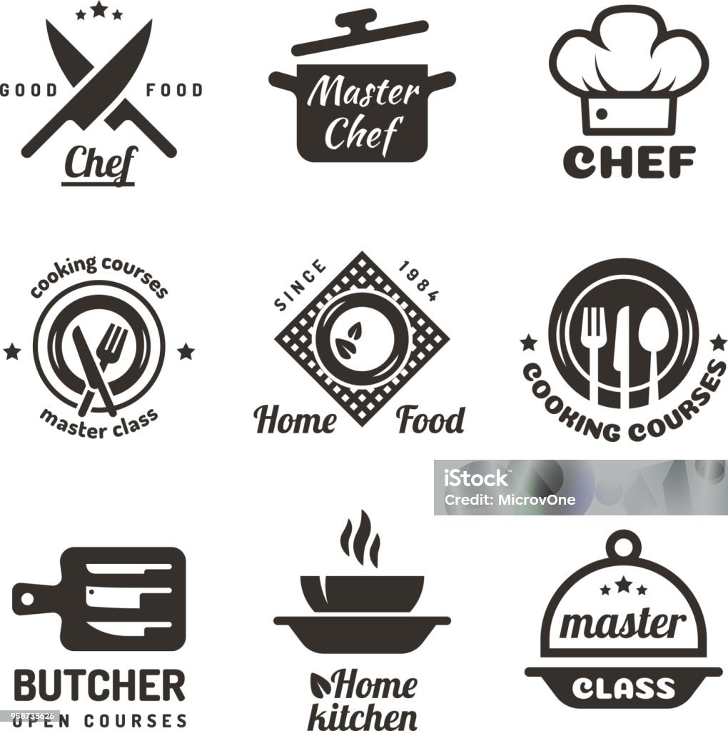 Cuisson des étiquettes de classes de maître. Emblèmes de menu de restaurant ou café. Vecteur de chef isolé sur fond blanc - clipart vectoriel de Chef cuisinier libre de droits