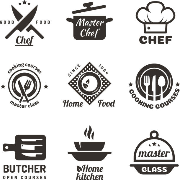 Cooking master classes labels. Restaurant or cafe menu emblems. Chef vector  isolated on white background Cooking master classes labels. Restaurant or cafe menu emblems. Chef vector  isolated on white background. Restaurant class cooking badge illustration chefs hat stock illustrations