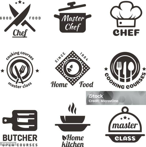 Cooking Master Classes Labels Restaurant Or Cafe Menu Emblems Chef Vector Isolated On White Background Stock Illustration - Download Image Now