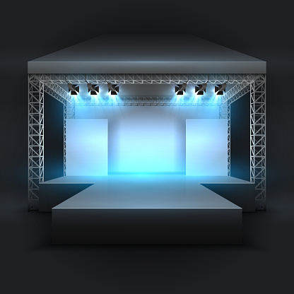 Empty music show stage with spotlights beams. Concert performance podium vector backdrop. Illustration of entertainment with spotlightl, scene podium