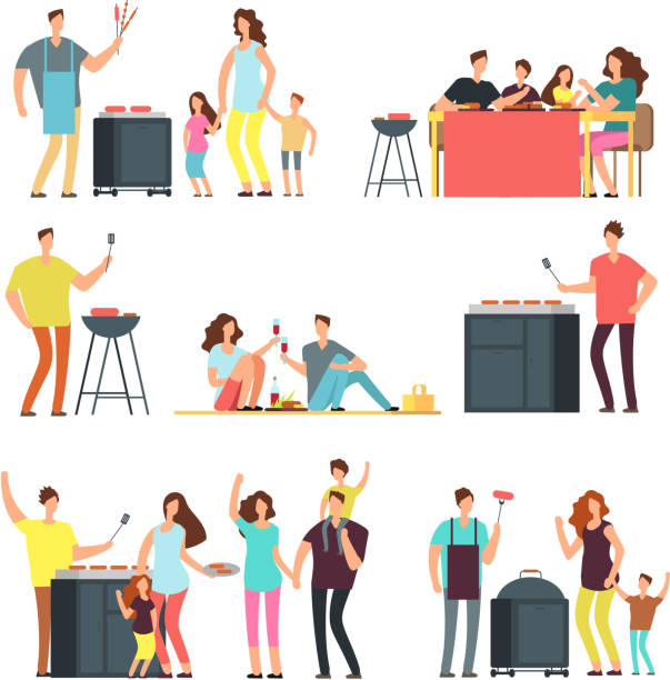 Resting people on bbq picnic. Active family and kids playing outdoor. Cartoon vector characters isolated Resting people on bbq picnic. Active family and kids playing outdoor. Cartoon vector characters isolated. Family eat food, picnic and barbecue illustration barbecue meal illustrations stock illustrations