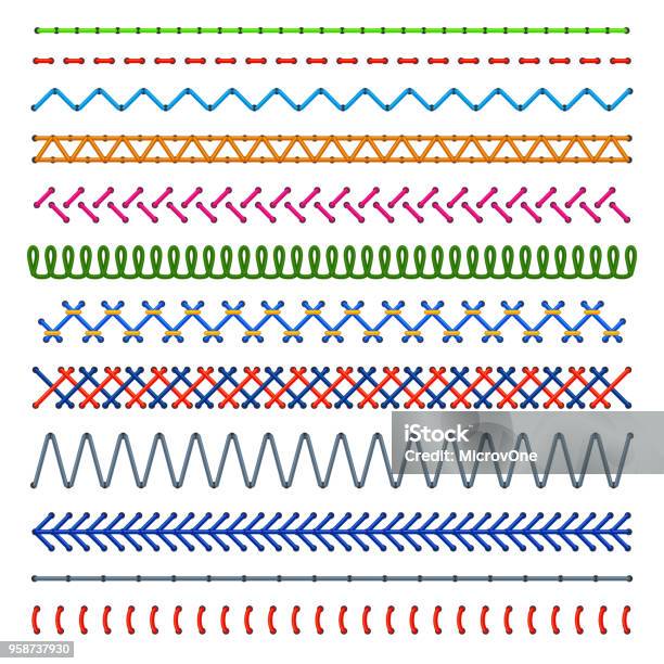 Detail Stitched Seamless Patterns Color Sewing Seams Embroidery Cloth Edge Vector Texture Stock Illustration - Download Image Now