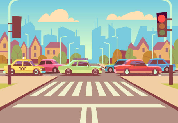 cartoon-stadt-kreuzung mit autos im stau, bürgersteig, zebrastreifen und stadtlandschaft vektor-illustration - scenics highway road backgrounds stock-grafiken, -clipart, -cartoons und -symbole