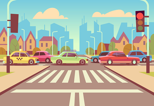 Cartoon city crossroads with cars in traffic jam, sidewalk, crosswalk and urban landscape vector illustration. Road with car on intersection way