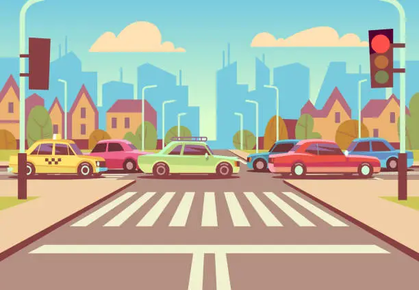 Vector illustration of Cartoon city crossroads with cars in traffic jam, sidewalk, crosswalk and urban landscape vector illustration