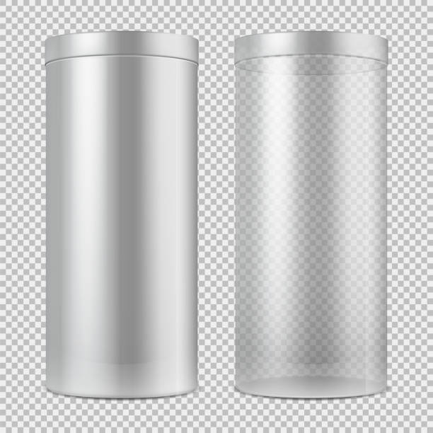 ilustrações, clipart, desenhos animados e ícones de 3d realista esvaziar o frasco de vidro transparente e e branco pode com tampa. pacote para comida, cookies e presentes modelo vector isolado - cylinder box packaging three dimensional shape