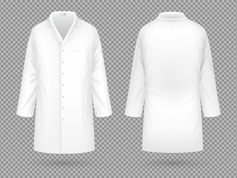 Realistic white medical lab coat, hospital professional suit vector template isolated