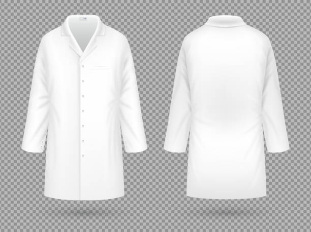 Realistic white medical lab coat, hospital professional suit vector template isolated Realistic white medical lab coat, hospital professional suit vector template isolated. Illustration of uniform for doctor hospital and medical staff research facility exterior stock illustrations