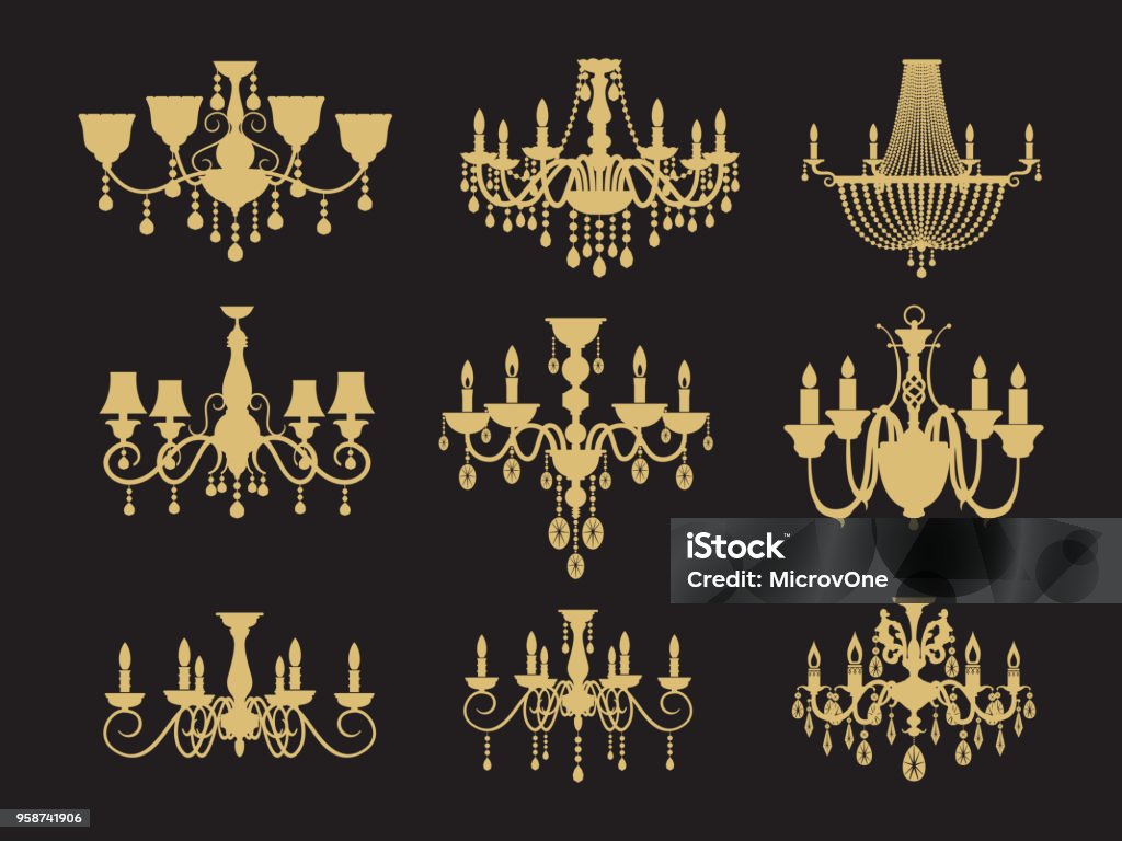 Set of vintage chandeliers isolated on black background Set of vintage chandeliers isolated on black background. Vector lamp for interior, antique and luxury illustration Chandelier stock vector