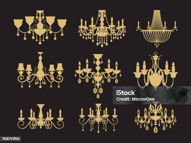 Set Of Vintage Chandeliers Isolated On Black Background Stock Illustration - Download Image Now