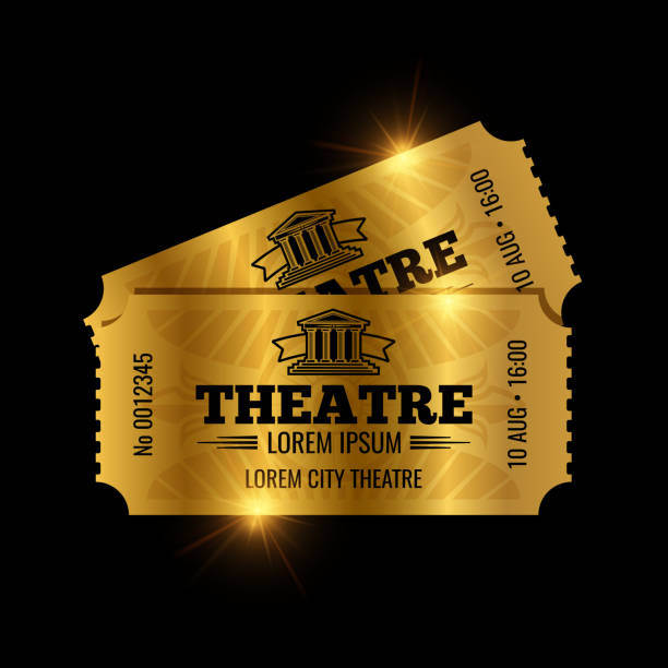 Vintage theatre tickets vector template. Vector golden tickets isolated on black backgound Vintage theatre tickets vector template. Vector golden tickets isolated on black backgound. Illustration of ticket paper entrance to cinema ticket stock illustrations
