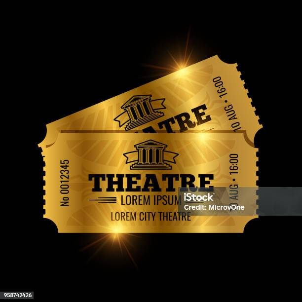 Vintage Theatre Tickets Vector Template Vector Golden Tickets Isolated On Black Backgound Stock Illustration - Download Image Now