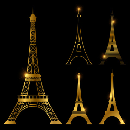 Different golden eiffel tower vector landmark set. Paris symbol icons. France symbol monument in gold style illustration