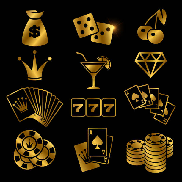 goldene glücksspiel, poker karte spiel, casino, glück-vektor-icons auf schwarzem hintergrund isoliert - cards poker gambling chip dice stock-grafiken, -clipart, -cartoons und -symbole