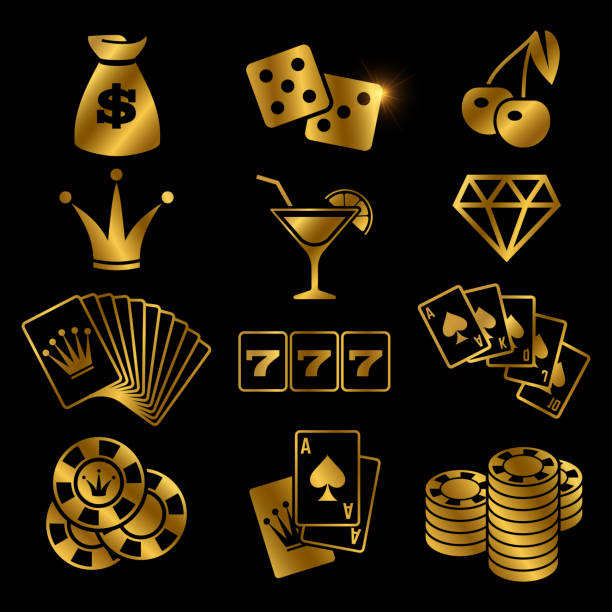 illustrazioni stock, clip art, cartoni animati e icone di tendenza di gioco d'azzardo d'oro, gioco di carte da poker, casinò, icone vettoriali di fortuna isolate su sfondo nero - cards poker gambling chip dice