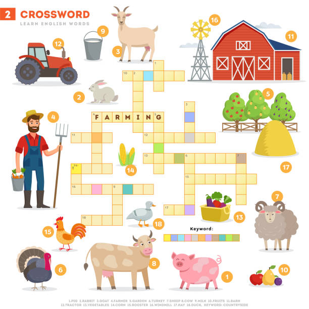 illustrazioni stock, clip art, cartoni animati e icone di tendenza di cruciverba con un enorme set di illustrazioni e parola chiave in design piatto vettoriale isolato su sfondo bianco. cruciverba 2 - agricoltura - imparare le parole inglesi con immagini - agriculture tree rural scene nature