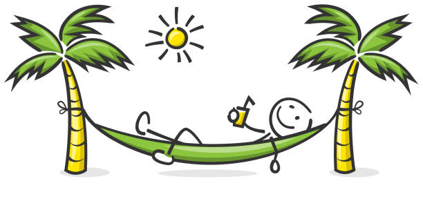 ilustrações de stock, clip art, desenhos animados e ícones de stick figure lies in a hammock with palm trees and sun - vector sand summer smiling