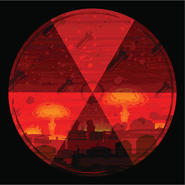 Radiation hazard warning sign against nuclear war background vector art illustration