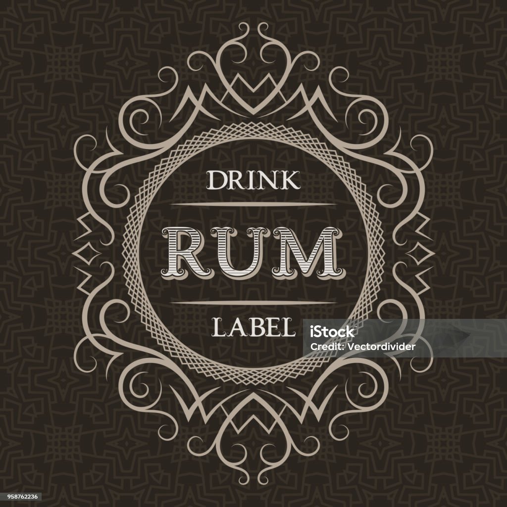 Rum Sticker Rum Drink Label Design Template Patterned Vintage Frame With Text On ...