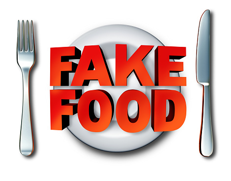 Fake food and counterfeit meal as a plate with fraudulent foods as ingredients fraud misrepresenting a product at the market as a 3D illustration.