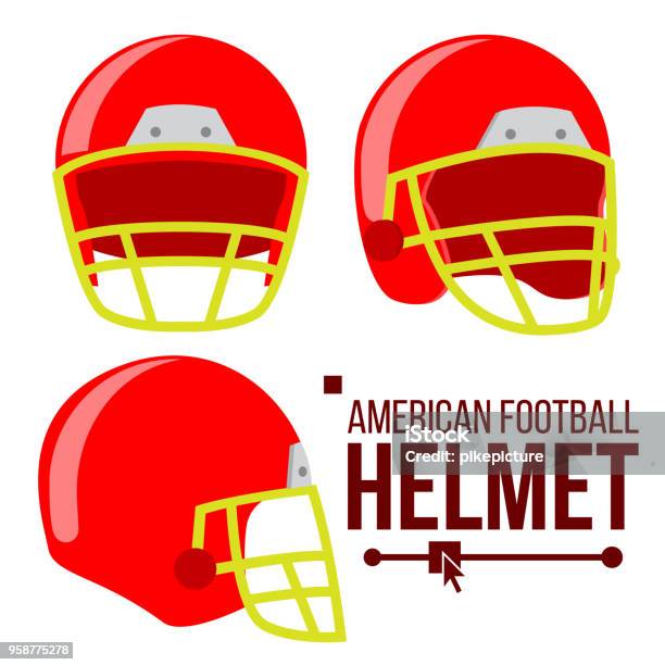 Helmet American Football Vector Classic Red Rugby Head Protection Helm Sport Equipment Isolated Flat Illustration Stock Illustration - Download Image Now