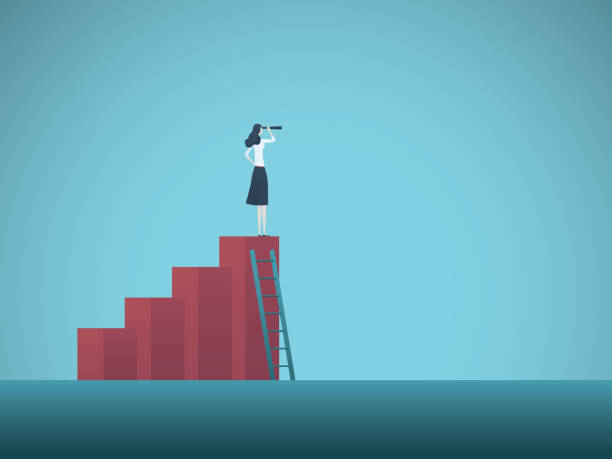 istock Business vision vector concept with business woman standing on top of increasing chart. Symbol of career ladder, visionary, leadership, strategy, success, promotion 958777846