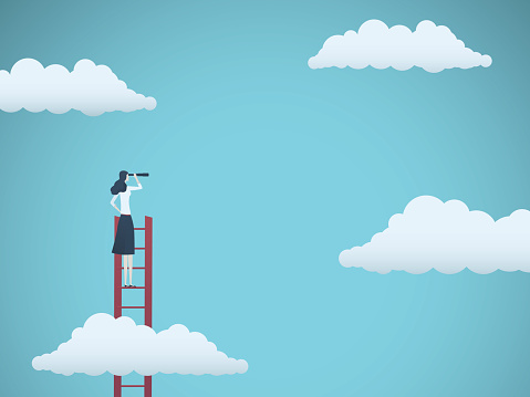 Business vision vector concept with business woman standing on top of ladder above clouds. Symbol of new opportunities, career ladder, visionary, success, promotion. Eps10 vector illustration.
