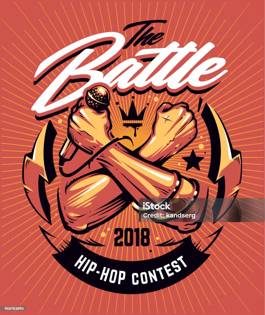 Hip-hop Battle Poster Design Hip-hop Battle Poster template. Design with crossed hands holding microphone and street art elements on red noisy background with sunbursts. Graffiti style vector art. Battle stock vector