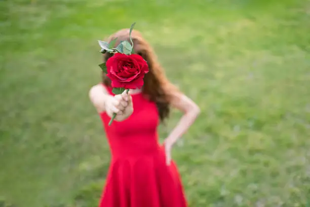 Photo of Woman in red dress with a rose in front of her face