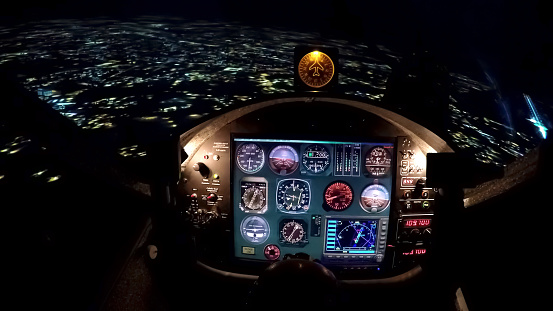 Simulator of night flight above city, training equipment for beginner pilots