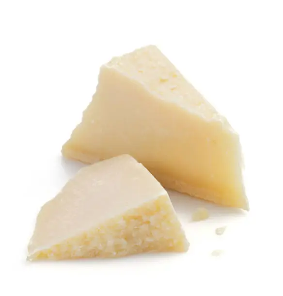 Photo of pieces of parmesan cheese on white background