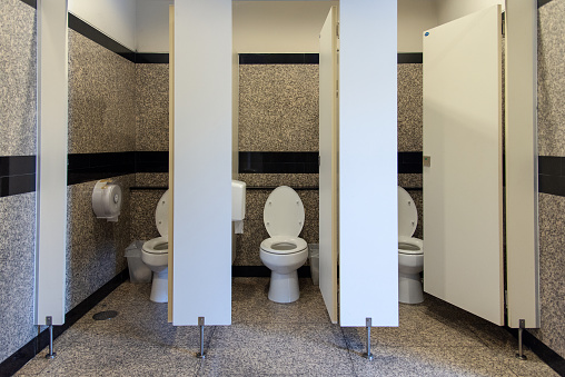 Flush toilet in Public three rooms toilet and open door
