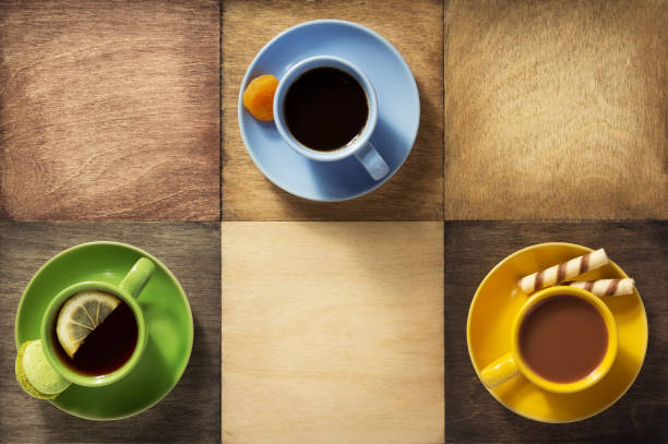 cup of coffee and cacao at wooden background