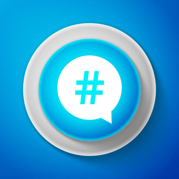 istock White Hashtag in circle icon isolated on blue background. Social media symbol, concept of number sign, social media, micro blogging pr popularity. Circle blue button. Vector Illustration 958819824