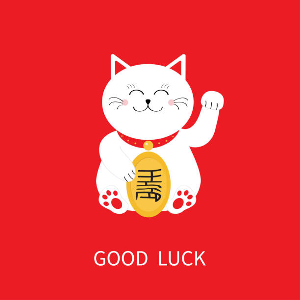 японский кот манеки неко машет рукой лапой значок. счастливая белая кошка сидит и держит золотую монету. фэн-шуй успех символ богатства тал� - money cat stock illustrations