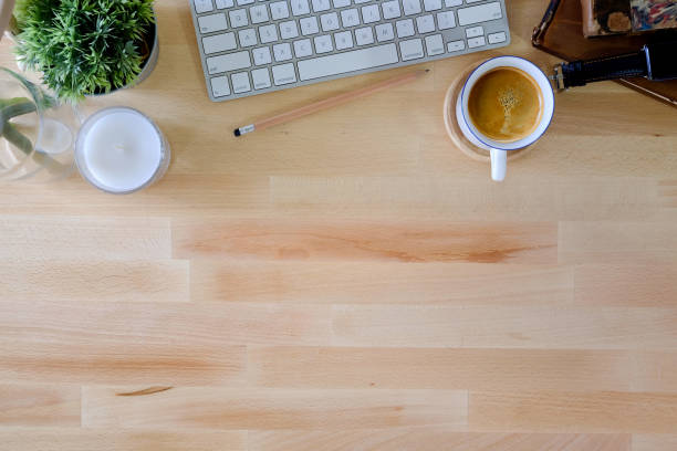 istock Office wooden desk and office accessory with copy space. 958835176