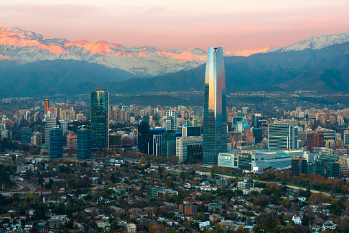 Vista panorámica de Providencia y Las Condes distritos con la cordillera al atardecer en Santiago photo